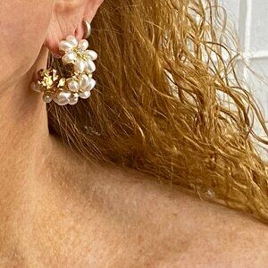 Elegant White and Gold Pearl Flower Hoops Southern Living NWt